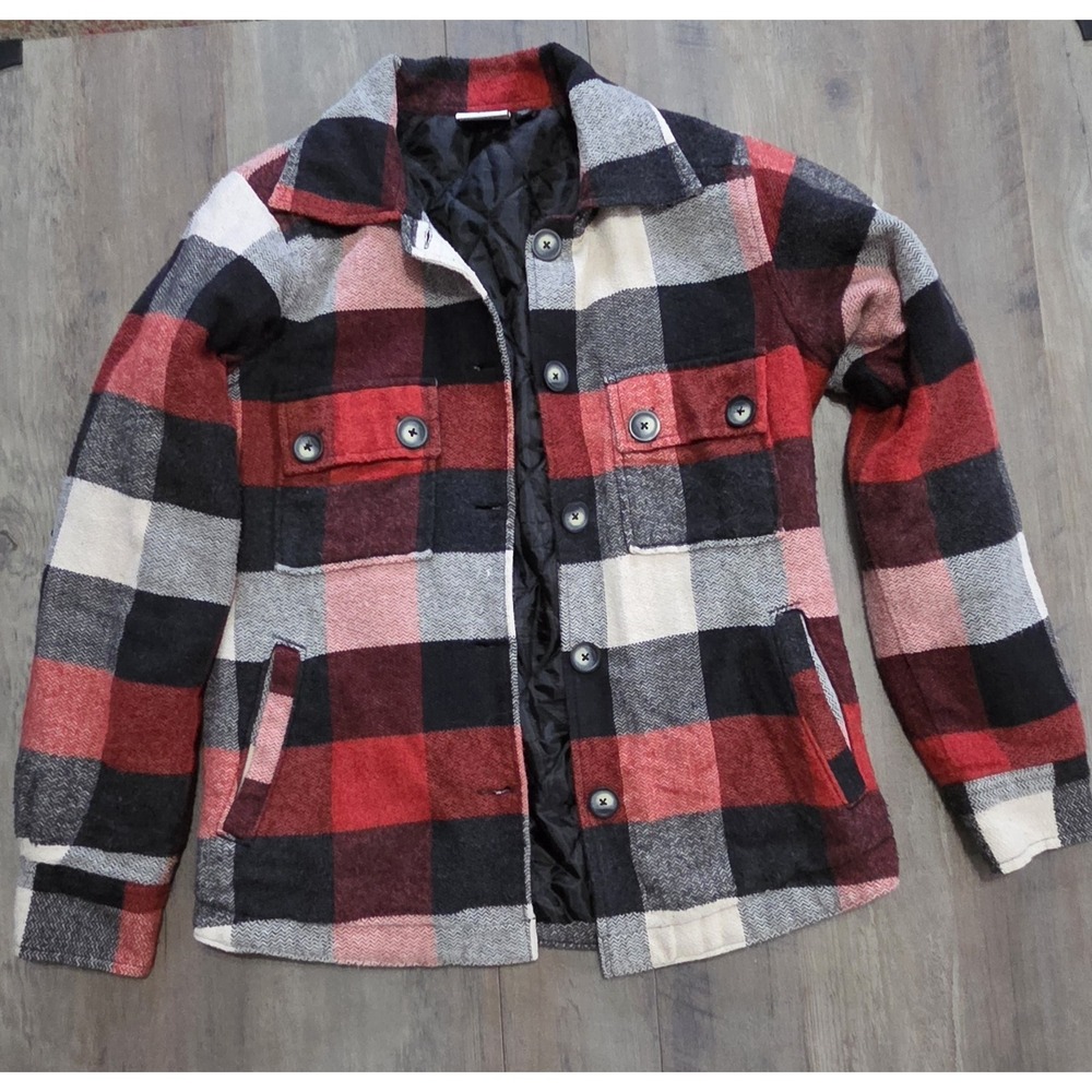 Kavu Women's XS Black Red Checkered Quilted Button Down Flannel Coat Jacket